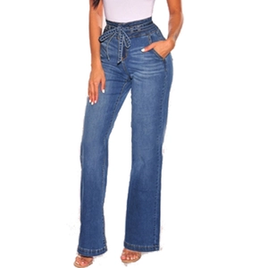 Detail of high waist denim wide leg pants with adjustable belted waist and side pockets
