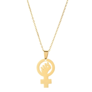 Collier doré en acier inoxydable avec pendentif symbole féministe et poing levé