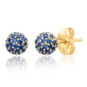 Elegant gold-tone stud earrings with pavé blue crystal spherical balls and glossy reflection