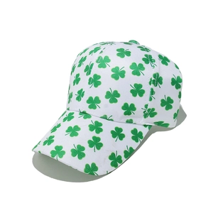Detailed view of Saint Patrick's Day white baseball cap with green clover leaf print