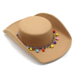 Ethnic khaki wool fedora cowboy hat with colorful pom-pom band for folk dance