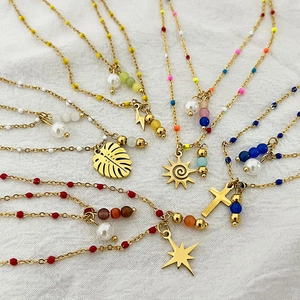 Bohemian 18k gold plated stainless steel necklaces with natural stones and celestial charms
