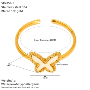 Detail view of 18K gold plated stainless steel butterfly ring with 17mm inner diameter
