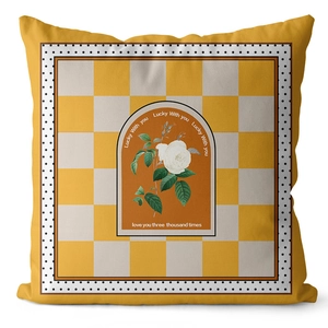 Yellow and beige geometric checkered pillowcase with retro white rose print and quote