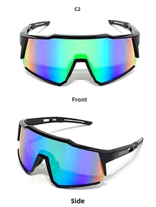 Front and side views of sports cycling sunglasses with rainbow polarized lenses and black frame