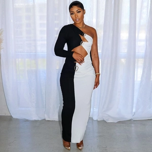 Robe Longue À Une Épaule Avec Découpe Anneau Métallique Bloc De Couleur Manches Longues Moulante Sexy Femmes Soirée