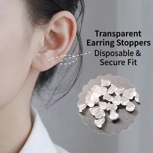 Clear silicone earring backs for secure fit, shown with model and bulk product view