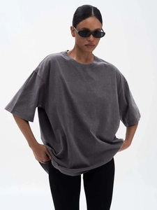 Γυναικείο T-Shirt Καθαρό Βαμβάκι Πλυμένο Μαύρο Γράμμα Με Στρας Oversized Vintage Streetwear Κοντομάνικο Στρογγυλή Λαιμόκοψη