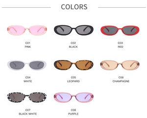 Multiple color options for retro oval sunglasses including pink, black, and leopard print