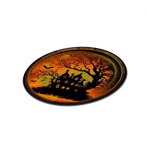 Detailed close-up of a round Halloween ornament featuring a spooky house silhouette