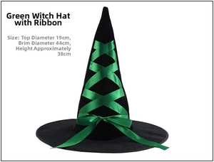 Detail view of black felt witch hat with green silk ribbon and size specifications