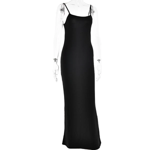 Detailed back view of a slim-fit backless black maxi dress on a mannequin