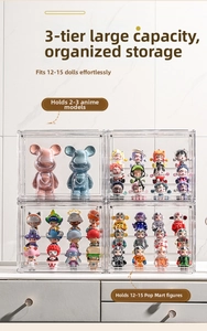 Close-up of clear acrylic display case with tiered shelves for blind box collectibles