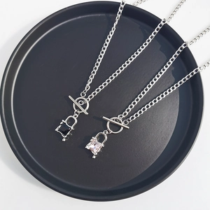 Fashionable OT buckle necklace with square lock pendants and sparkling crystals