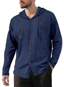 Detail of navy cotton hoodie shirt with drawstring and wooden buttons for casual wear