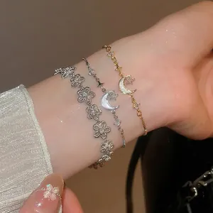 Verstellbares Armband Kupfer 18K Vergoldet Zirkon Perlmutt Stern Mond Hohle Blume Eleganter Schmuck Für Damen