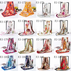Grid display showing sixteen different floral patterns of 90cm satin square scarves