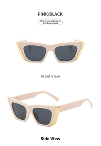 Detailed views of pink cat-eye sunglasses with gray lenses and gold metal accents