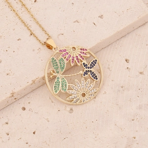 18K gold plated necklace with a round dragonfly and flower pendant set with colorful zircon