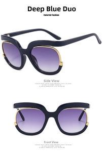 Dual view of oversized fashion sunglasses with deep blue frames and purple gradient lenses