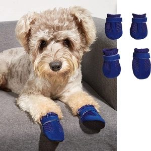 Detail of navy blue mesh dog shoes with adjustable velcro straps for small pets
