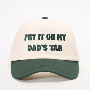 Two-tone baseball cap in beige and green with PUT IT ON MY DAD'S TAB embroidery