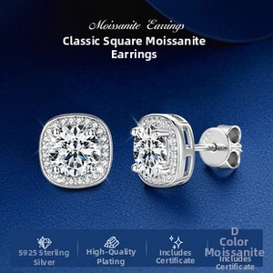 Macro shot of S925 sterling silver moissanite stud earrings with square halo design
