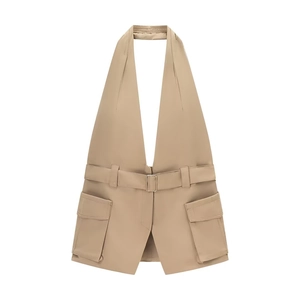 Top Cargo Con Scollo All'americana Con Tasche E Cintura Khaki Poliestere Slim Fit Schiena Scoperta Gilet Sexy Per Donna