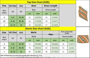 Guide des tailles pour l'ensemble de plage avec mesures US/EU pour haut et short