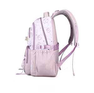 Detail view of pink backpack featuring padded mesh shoulder straps and multi-layer storage