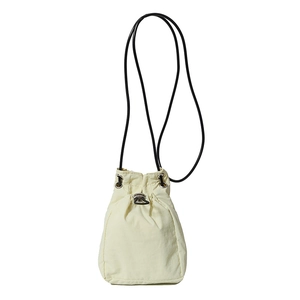 Minimalist beige drawstring crossbody bag with black adjustable strap on white background