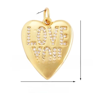 Detail view of 19mm heart pendant with micro-pave LOVE YOU zircon and dimensions