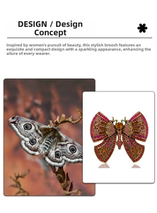 Detailed view of vintage gold butterfly brooch with pink and orange crystals