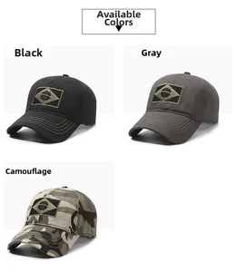 Three outdoor baseball caps in black, grey, and camouflage with Brazil flag embroidery
