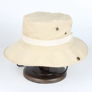 Beige outdoor bucket sun hat with adjustable drawstring and breathable vents on white background