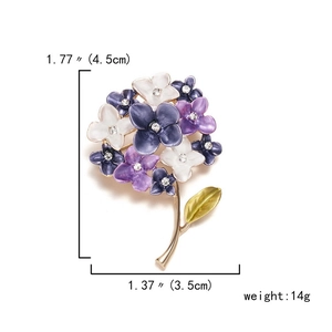 Detailed size specifications for enamel flower brooch with purple petals and rhinestones