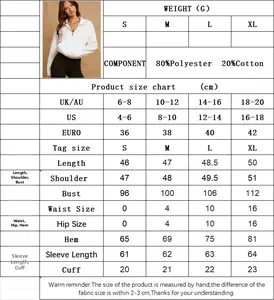 Detailed size chart with material specs for women's half-zip white pullover hoodie