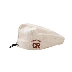 Kids cream cotton beret with CR embroidery and adjustable drawstring for toddlers