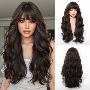 Detail view of long wavy brunette wig with bangs showing front, back, and side styles