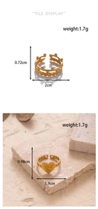 Detailed size parameters and macro view of gold heart ring and crown band texture
