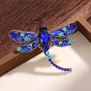 Vintage large dragonfly brooch with blue crystals and rhinestones on gold alloy base