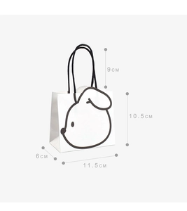 Detailed size chart for a white cartoon puppy gift bag showing dimensions and height