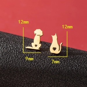Asymmetric gold stainless steel dog and cat ear studs with heart cutouts, 12mm height