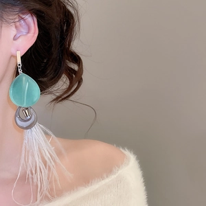Détail de boucles d'oreilles pendantes en résine avec pompon en plumes blanches sur mannequin