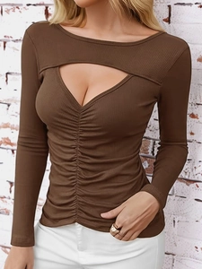 Top De Manga Larga Para Mujer Punto Acanalado Fruncido Delantero Abridura Espalda Abierta Sexy T-Shirt Ajustado Blusa Informal Lisa