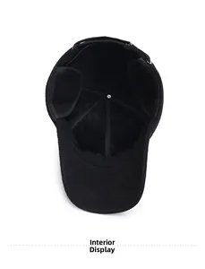 Detailed view of winter baseball cap with thick black fleece lining and ear flaps