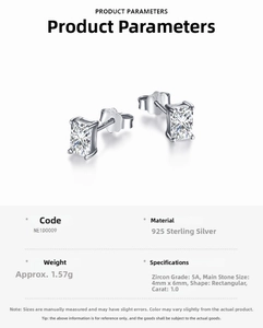 Detail view of 4x6mm rectangular 5A zircon inlay on 925 sterling silver stud earrings