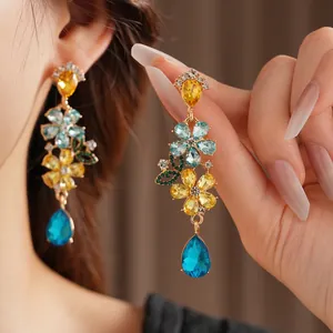 Vintage flower tassel earrings with colorful crystals and blue teardrop pendant for women