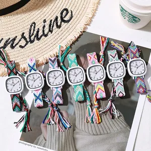 Minimalist square quartz watch with colorful bohemian woven tassels and numbered white dial