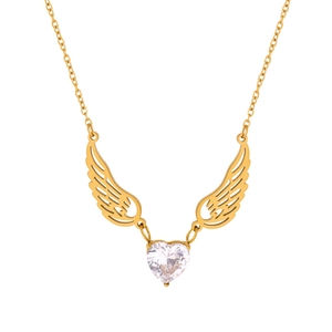 Golden angel wing necklace with a heart zircon pendant on a white background